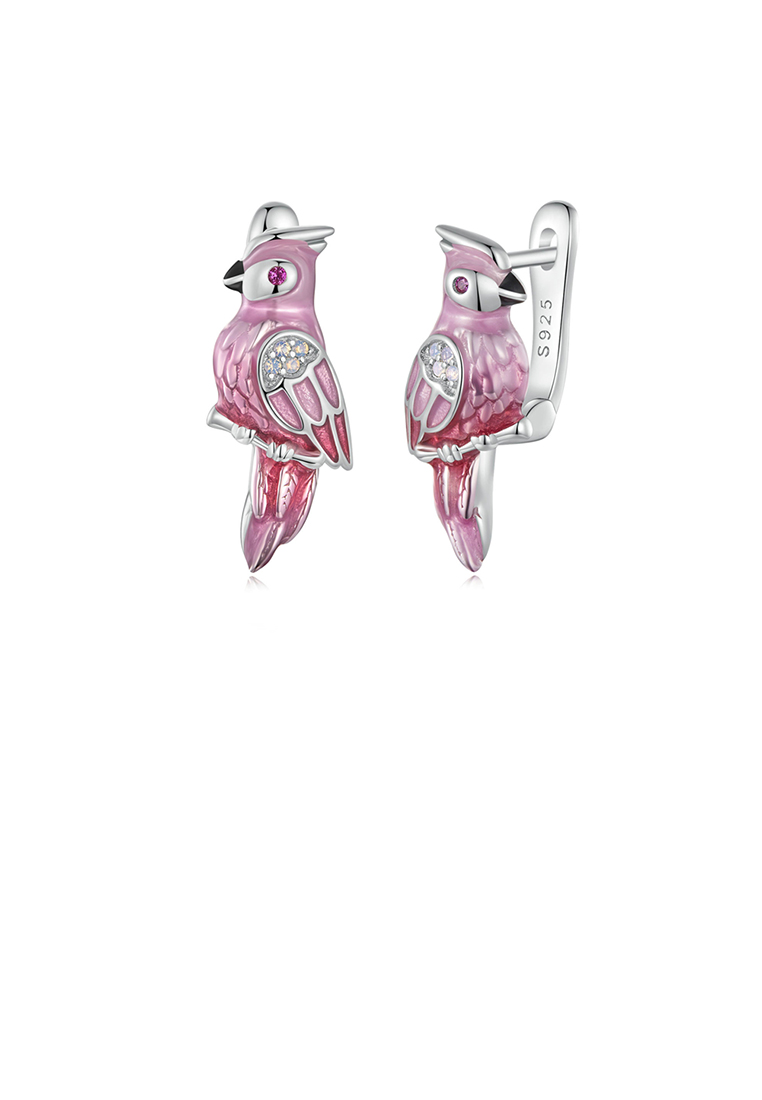 SOEOES 925 純銀時尚簡約琺瑯粉紅鸚鵡耳環配方晶鋯石