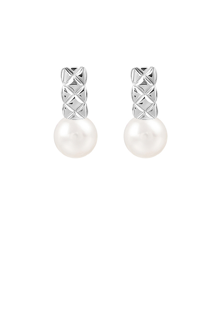 SOEOES 925純銀時尚氣質鑽石圖案幾何淡水珍珠耳環