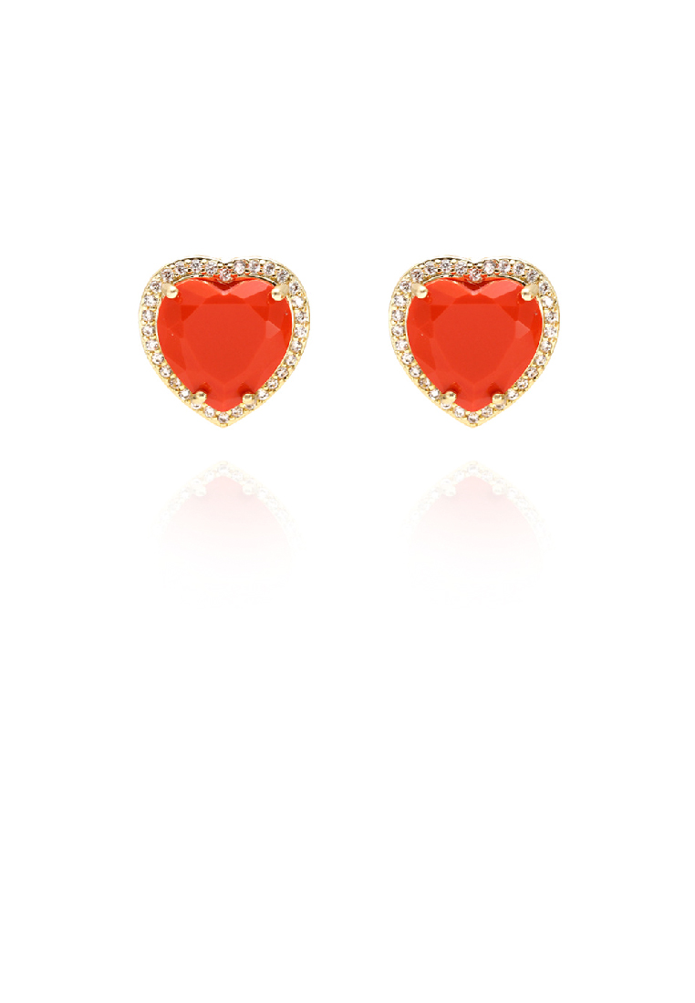 SOEOES 簡約時尚橘色方晶鋯石鍍金心型耳環