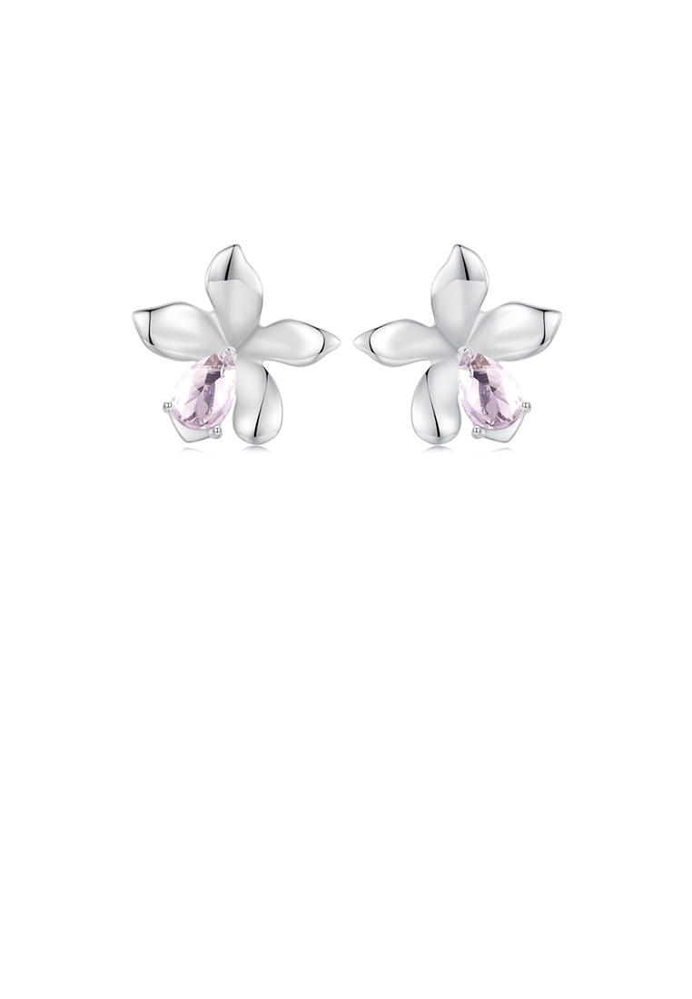 SOEOES 925純銀粉色方晶鋯石時尚氣質花朵耳環