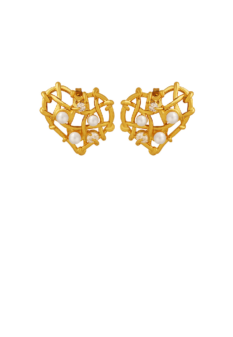 SOEOES 簡約時尚鍍金方晶鋯石仿珍珠編織心型耳環