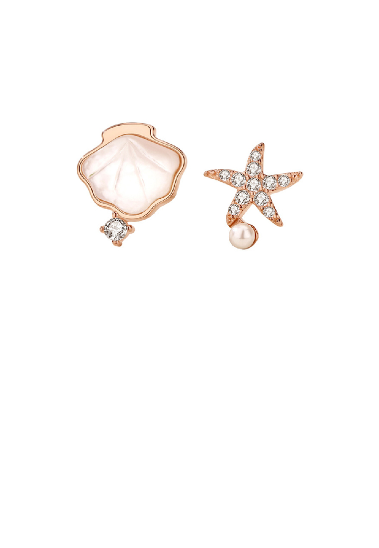 SOEOES 925 純銀鍍玫瑰金時尚簡約貝殼海星仿珍珠不對稱耳環配立方氧化鋯