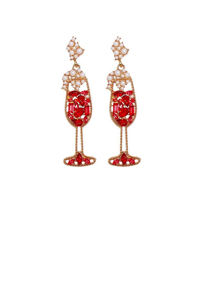 SOEOES 時尚氣質紅方晶鋯石鍍金酒杯形耳環