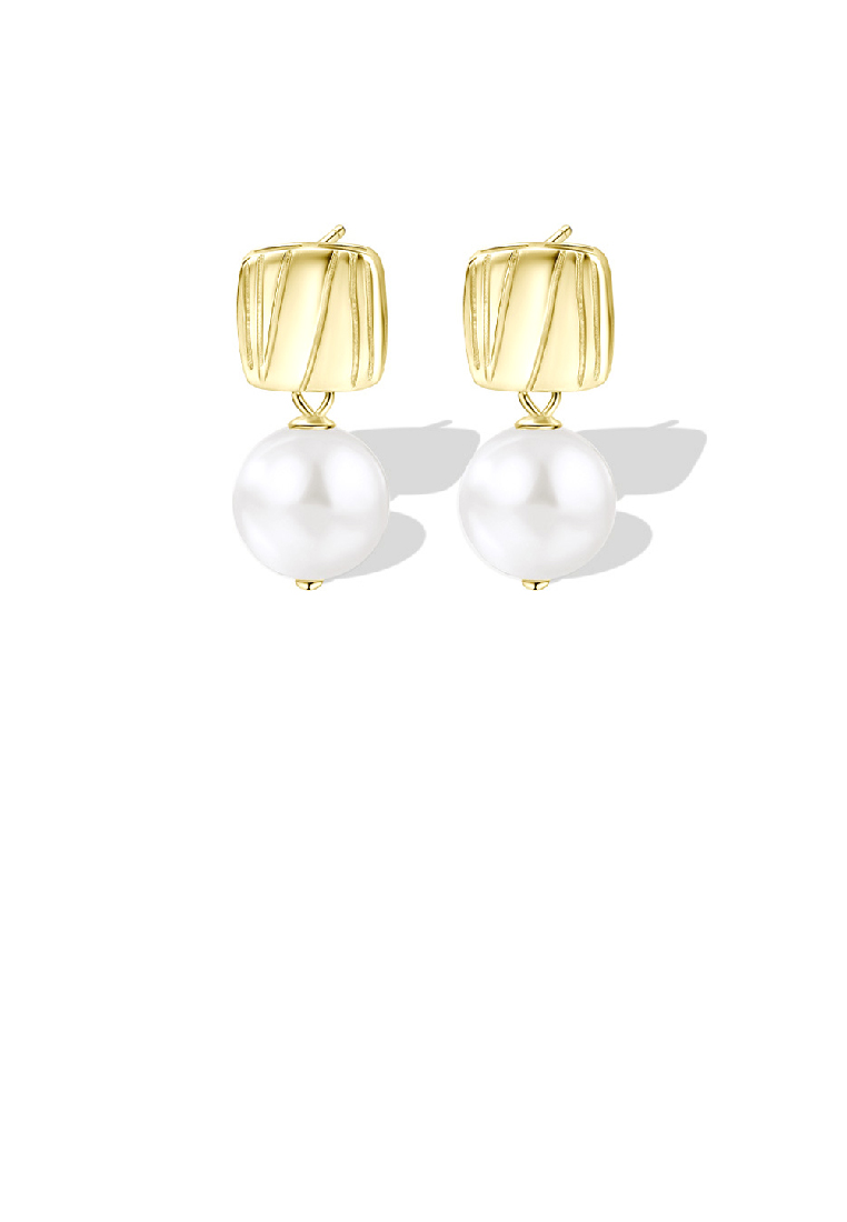 SOEOES 925純銀鍍金時尚簡約線條幾何方形耳環淡水珍珠