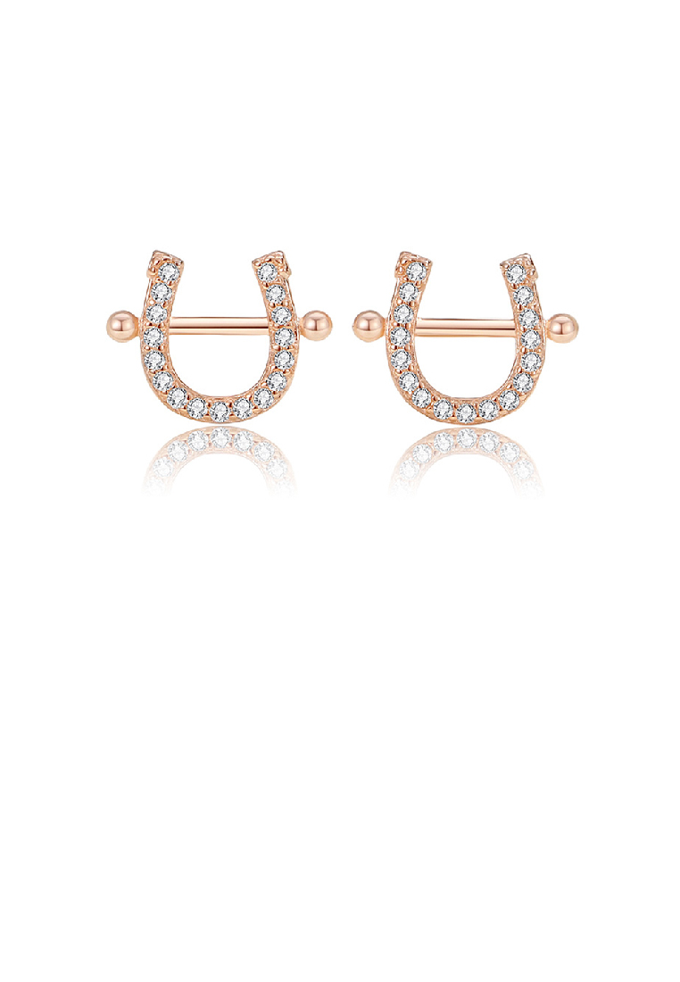SOEOES 925 純銀鍍玫瑰金簡約時尚 U 型方晶鋯石耳環