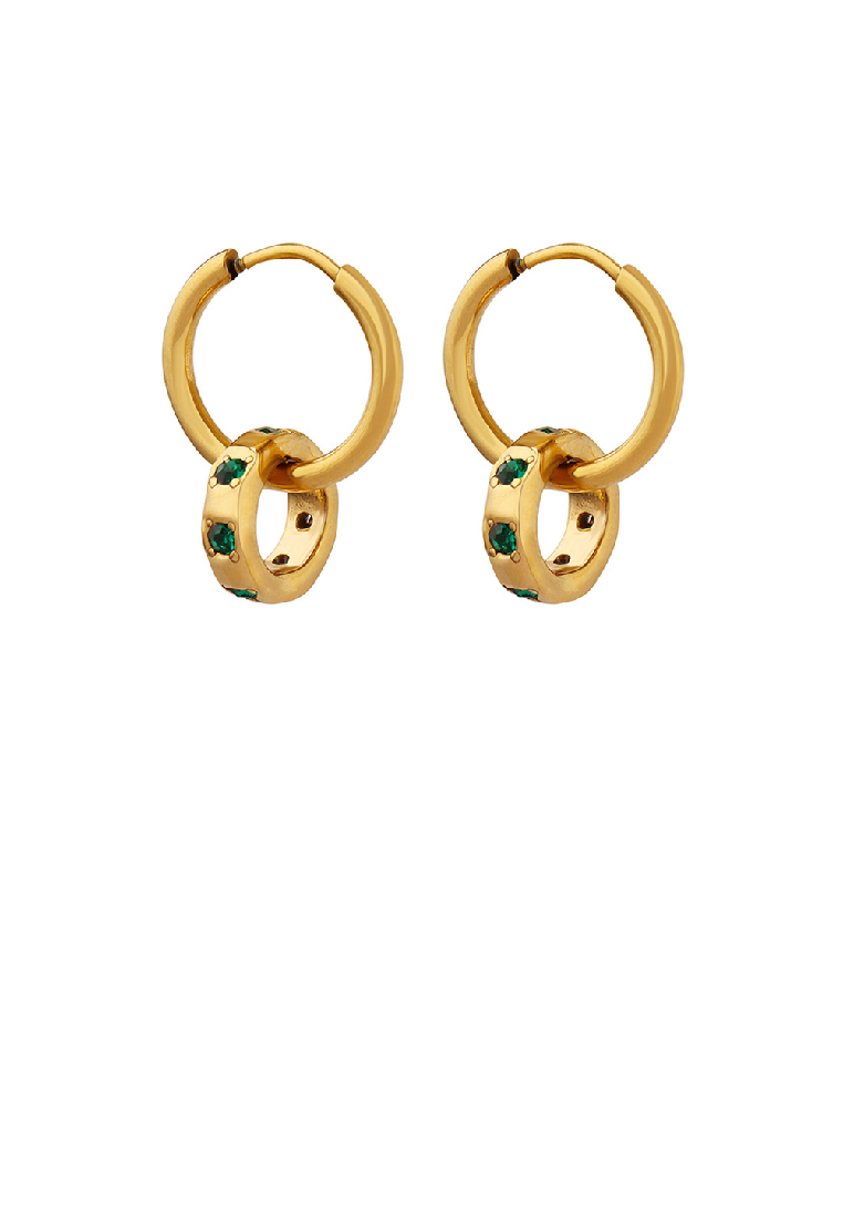 SOEOES 簡約時尚鍍金316L不鏽鋼幾何雙圈綠色方晶鋯石耳環