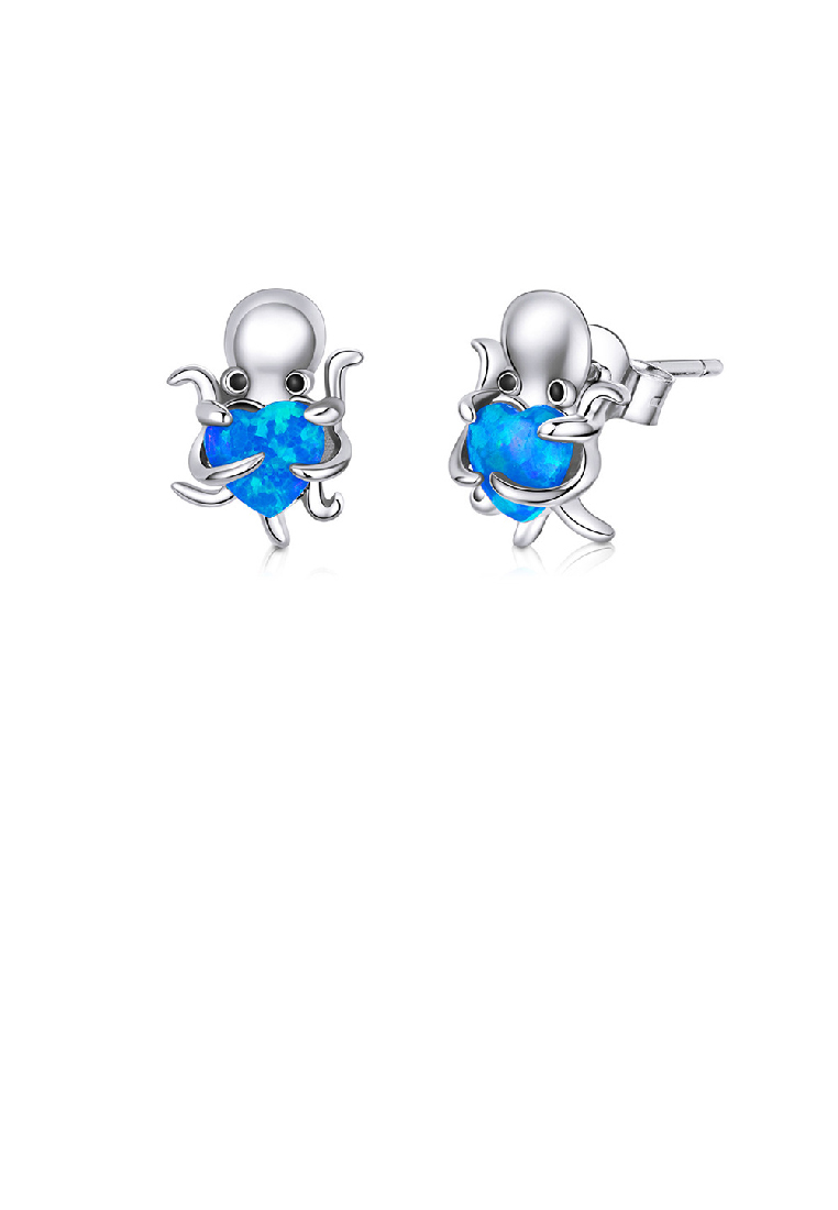 SOEOES 925 純銀簡約可愛章魚耳環配藍色方晶鋯石