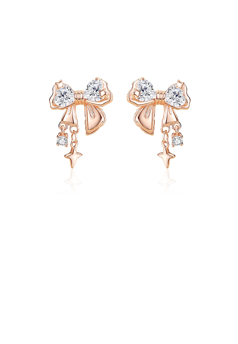 SOEOES 925 純銀鍍玫瑰金甜美時尚絲帶方晶鋯石耳環