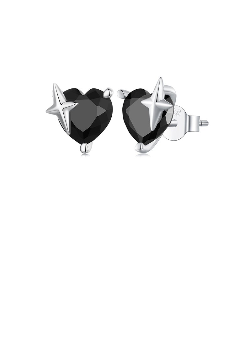 SOEOES 925 純銀時尚簡約黑色心形方晶鋯石耳環