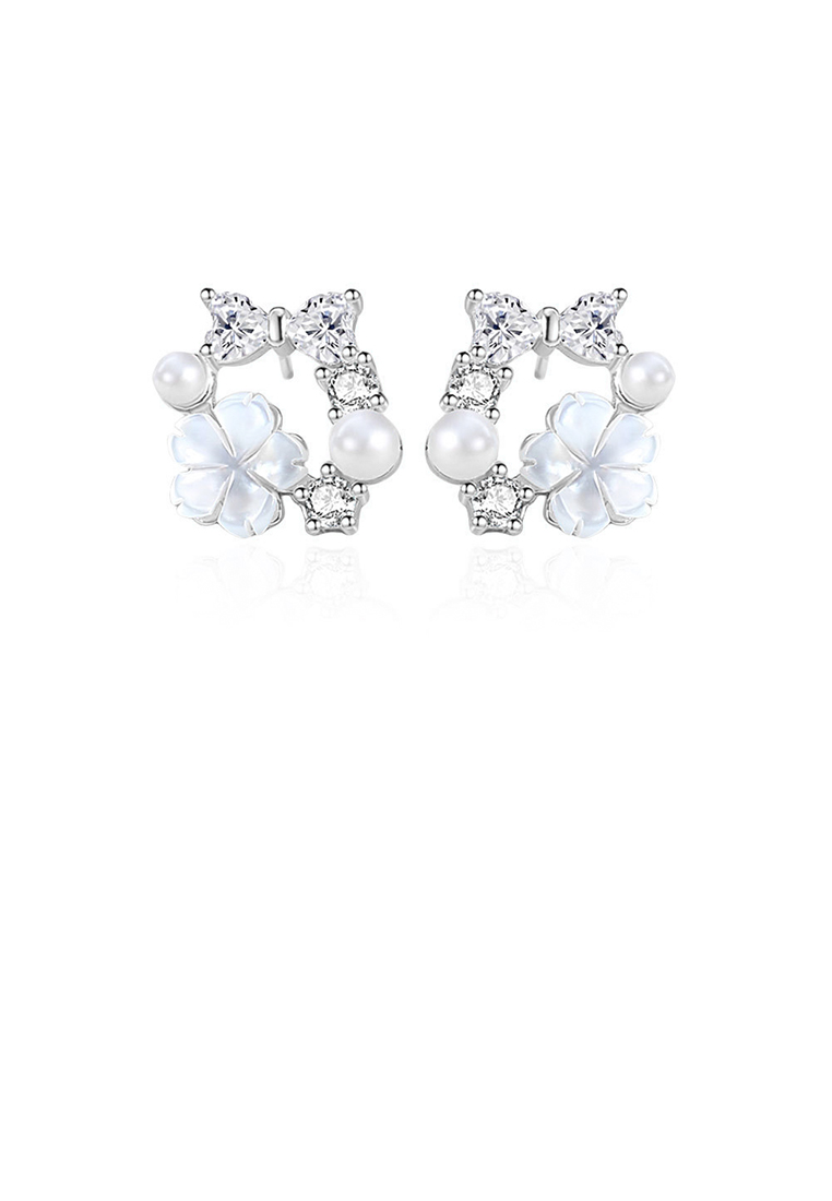 SOEOES 925純銀時尚氣質花緞帶仿珍珠方晶鋯石耳環