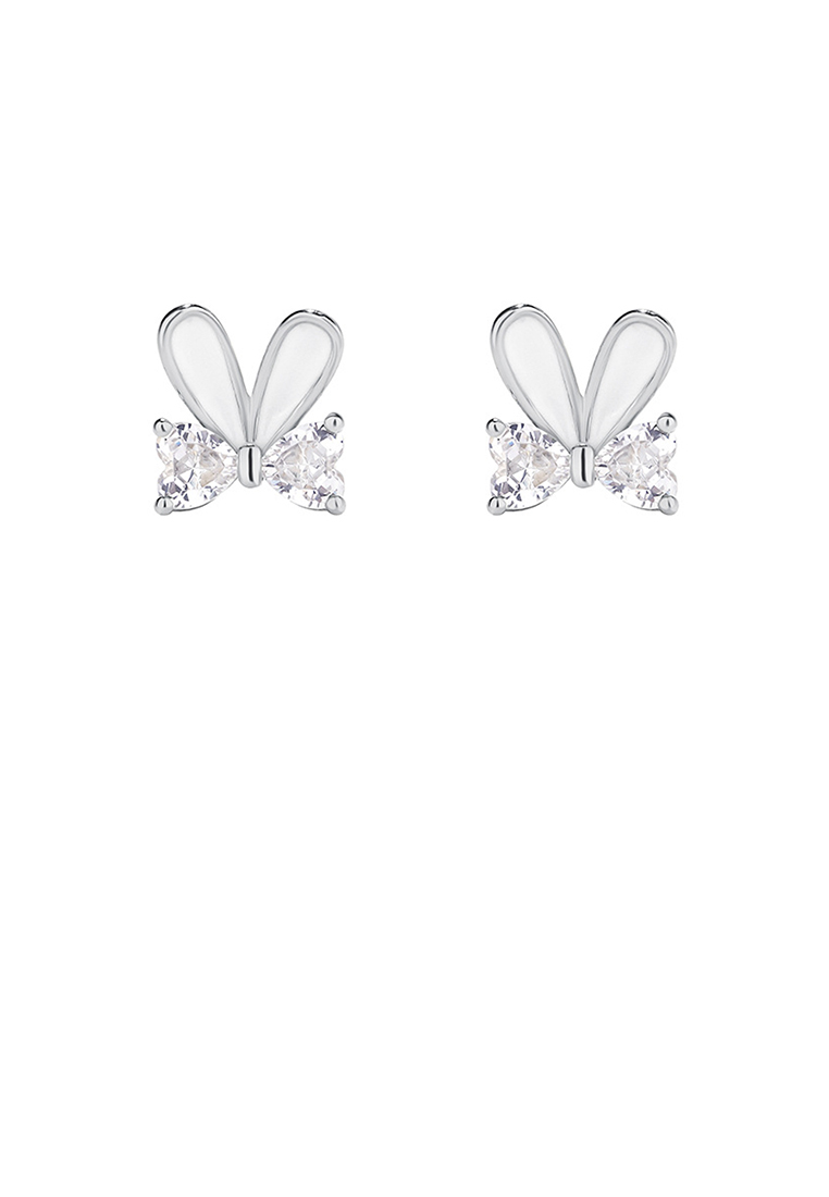 SOEOES 925 純銀簡約可愛兔子絲帶方晶鋯石耳環