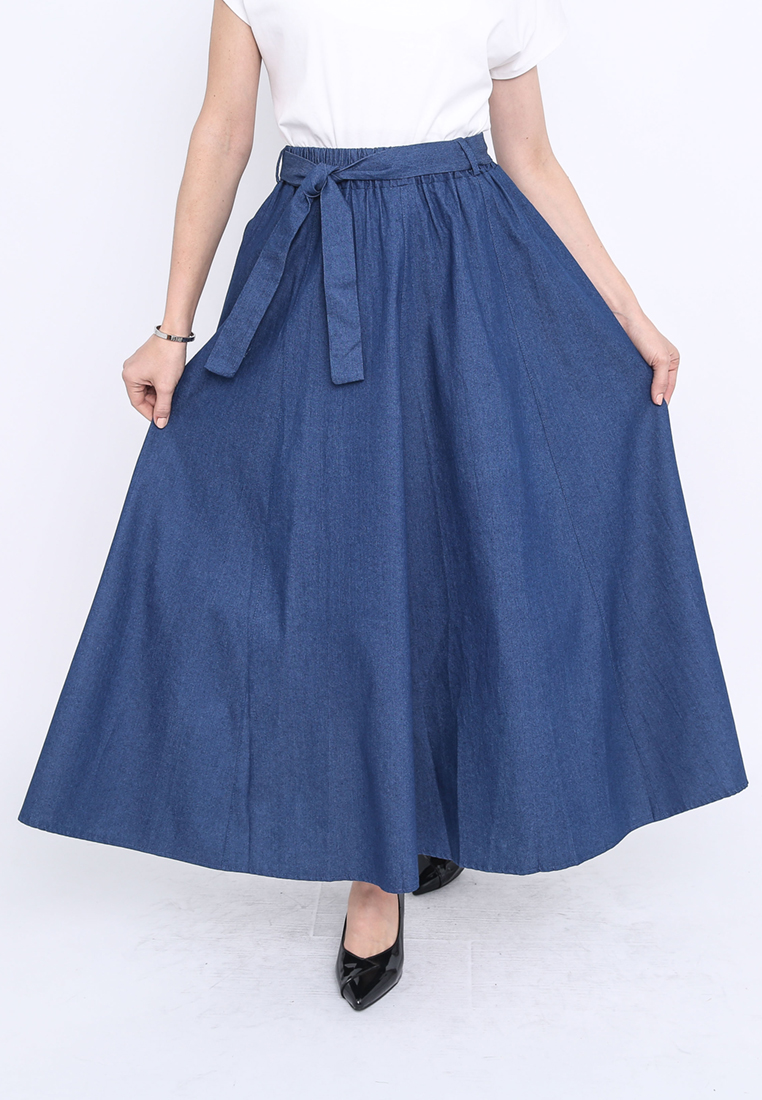 Summer Love Denim Extra Flared Maxi Long Skirt with Ribbon Belt in Dark Blue