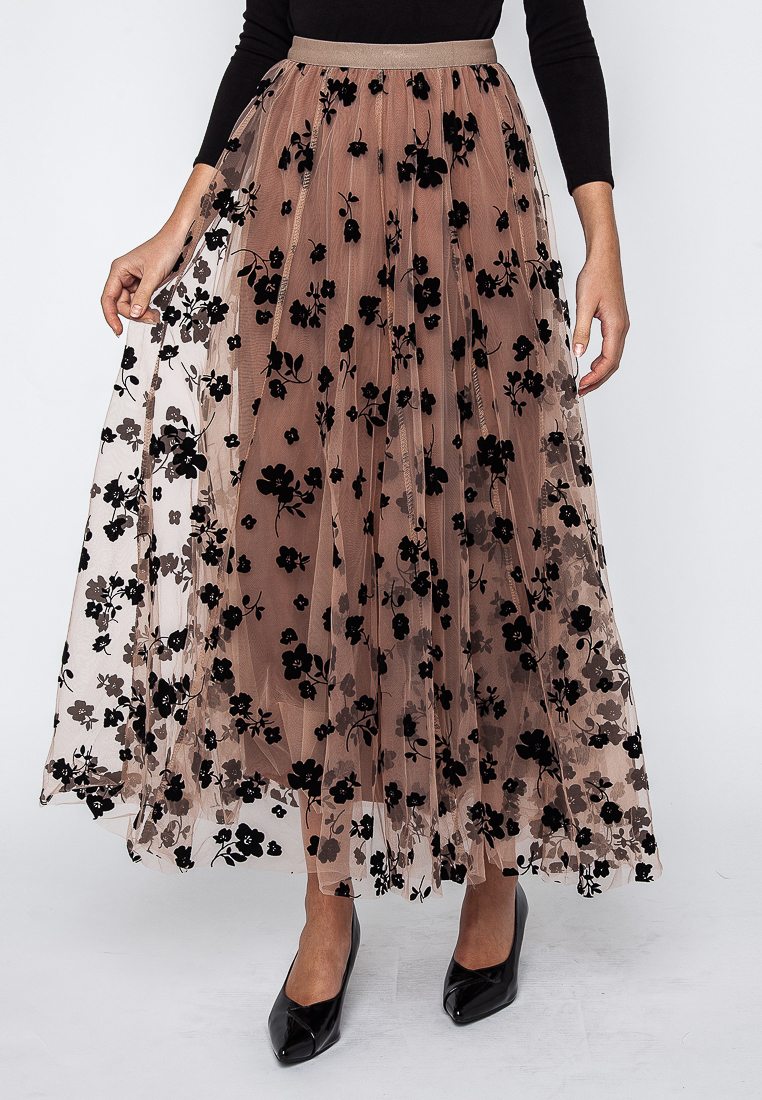 Summer Love Flowery Velvet Print Long Skirt With Full Lining And Elastic Waistband