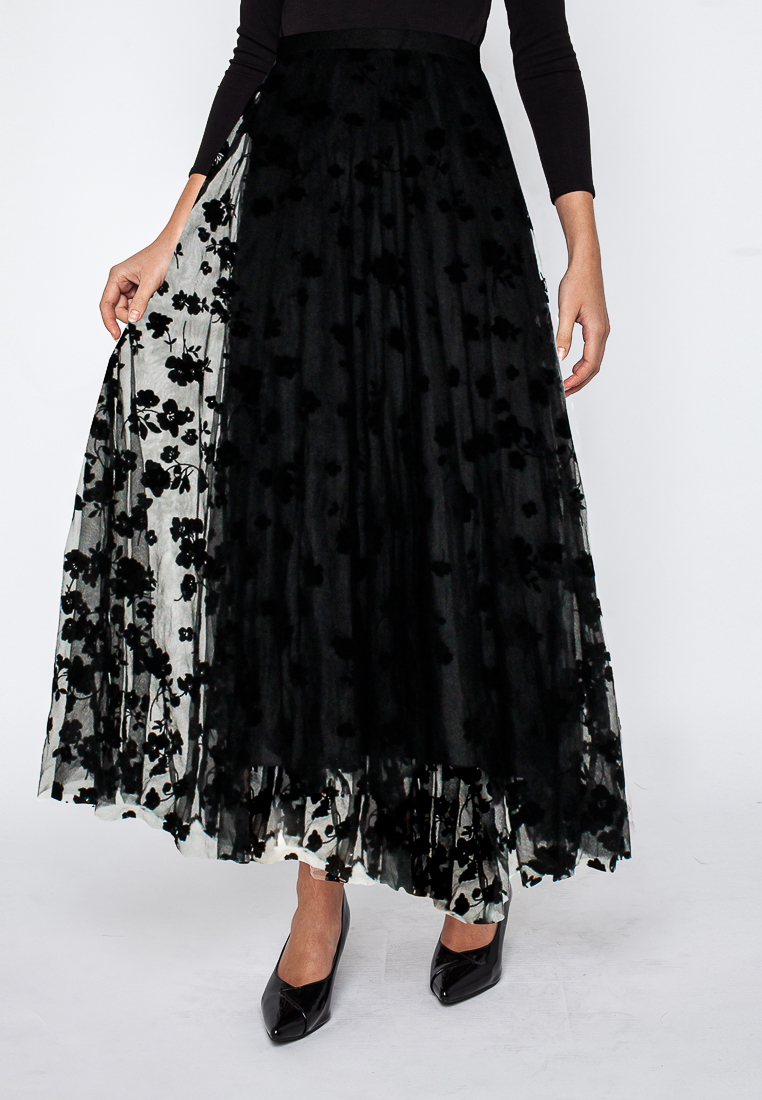 Summer Love Flowery Velvet Print Long Skirt With Full Lining And Elastic Waistband