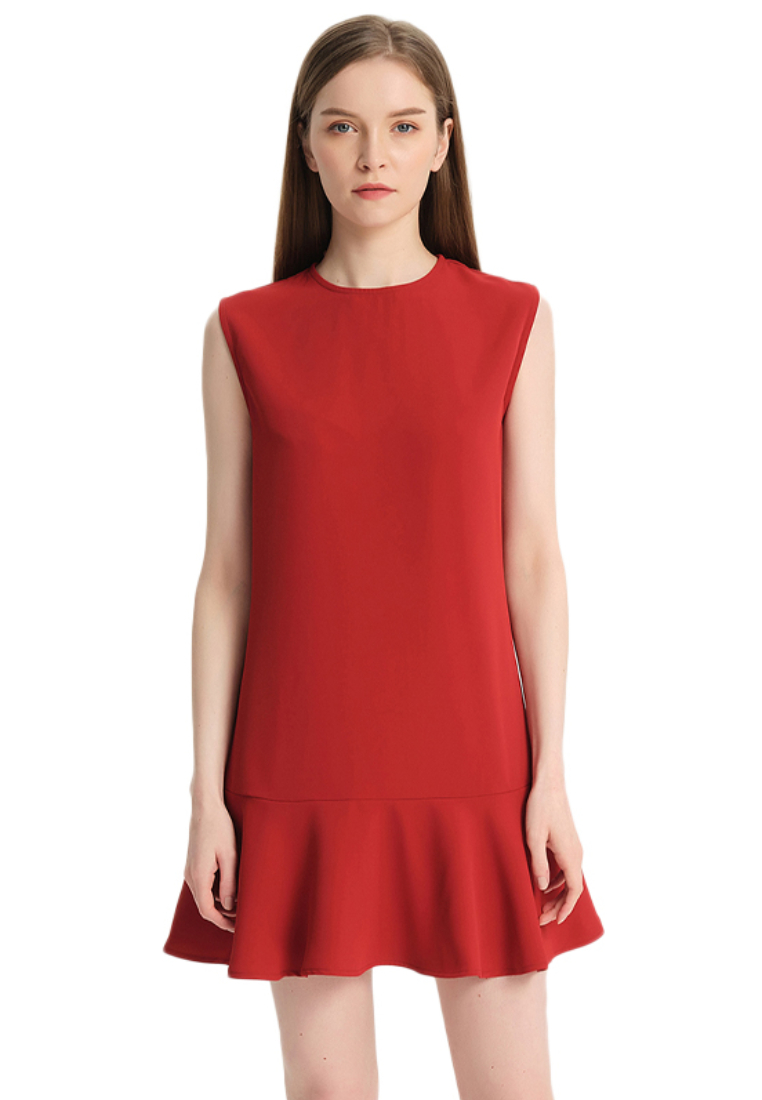 Sunnydaysweety 時尚氣質高端簡約無袖圓領荷葉邊背心連衣裙經典純紅啞光緞面連身裙B22041208