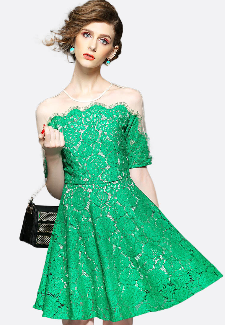 Sunnydaysweety 綠色蕾絲透視肩膊連身裙 K200414