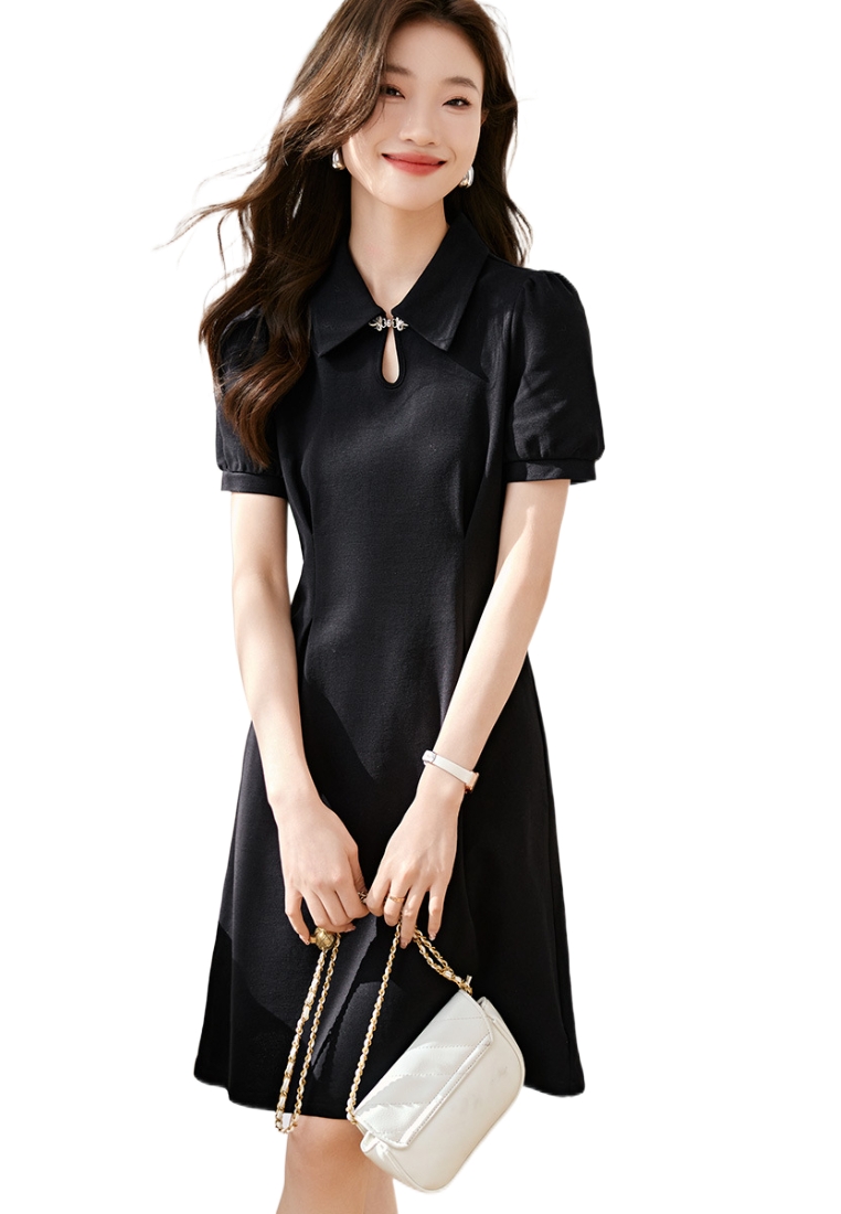 Sunnydaysweety 2024夏季新款泡泡袖復古黑色洋裝K050901