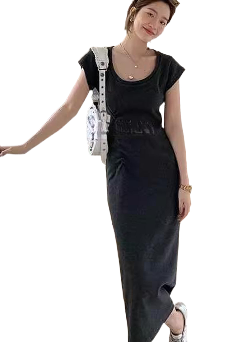 Sunnydaysweety 夏季新款短袖針織中開叉長裙 CA24050607DGGY