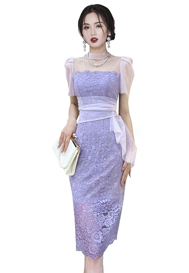 Sunnydaysweety 高級感輕奢法式網紗短袖紫色洋裝CA100519