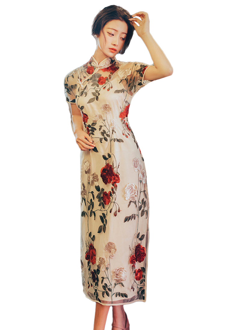 Sunnydaysweety 玫瑰花刺繡旗袍洋裝CA011001