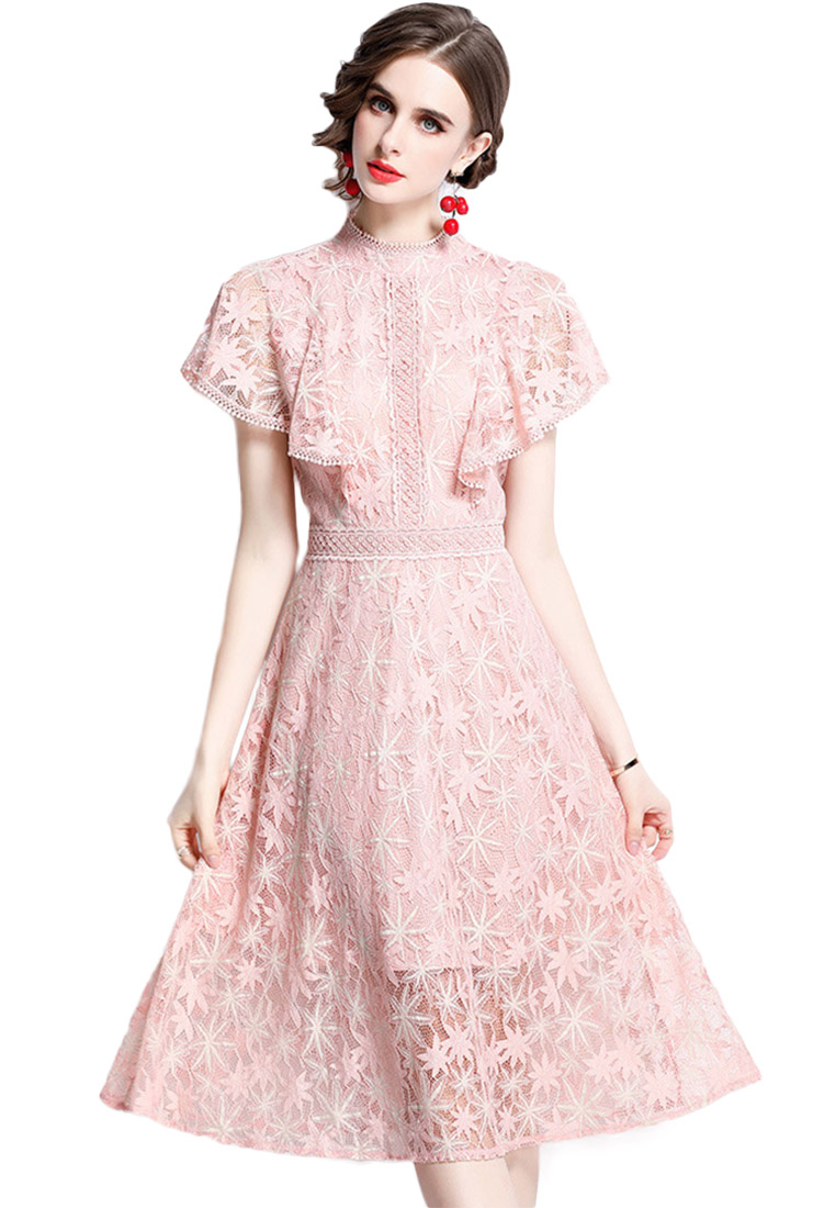 Sunnydaysweety 氣質鏤空蕾絲收腰粉紅色連身裙 A22021609PI