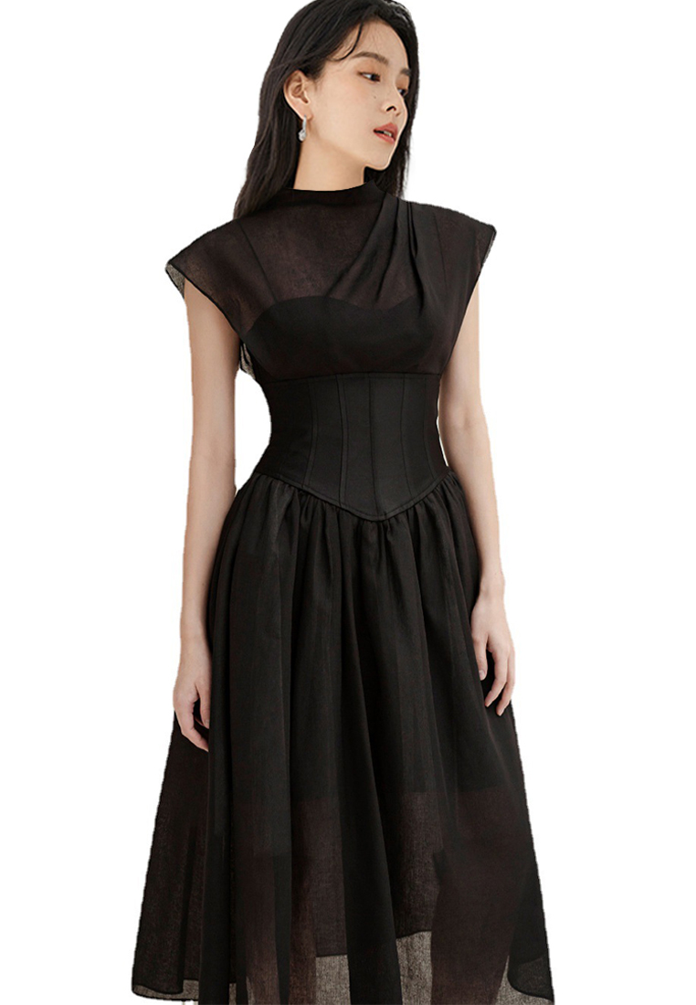 Sunnydaysweety 2024質感高腰顯瘦黑色透視洋裙CA4021930BK