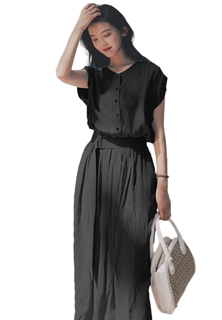 Sunnydaysweety 雪紡長款短袖開衫風格連身裙 A22022532BK
