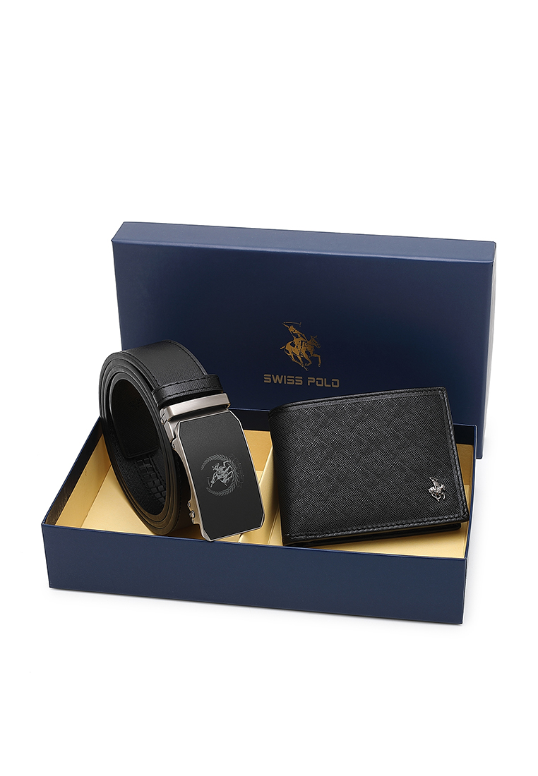 Swiss Polo Gift Set - Bi-Fold Wallet & 40MM Automatic Buckle Belt (禮盒 - 對折皮夾 & 自動皮帶) - 黑色