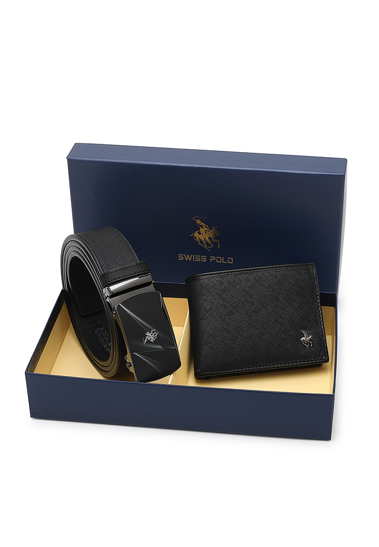 Swiss Polo Gift Set - Bi-Fold Wallet & 40MM Automatic Buckle Belt (禮盒 - 對折皮夾 & 自動皮帶) - 黑色