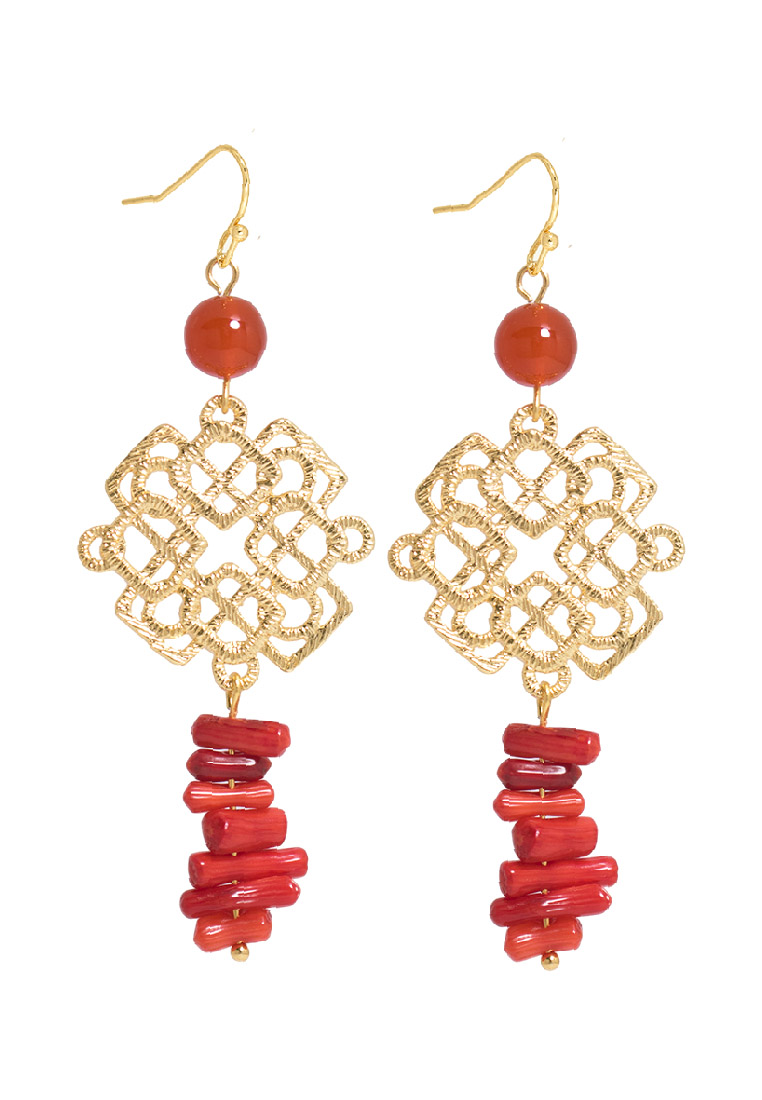 The Antecedent Store Oriental Motif With Red Agate Crystal Earrings - 14K Real Gold Plated Jewelry