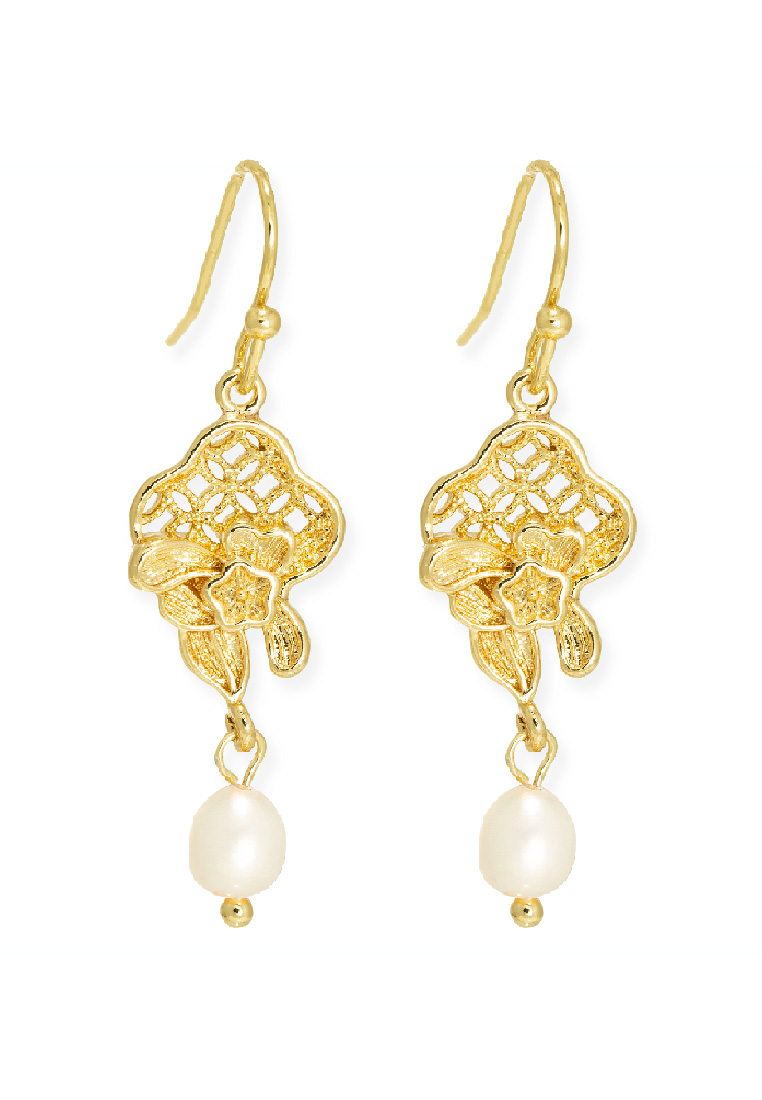 The Antecedent Store Oriental Motif Hook Earrings With Freshwater Pearl - 14K Real Gold Plated Jewelry