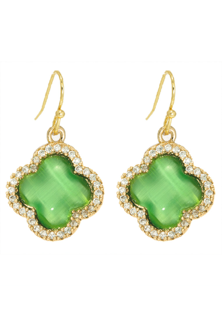 The Antecedent Store Green Cat Eye Stone With Cubic Zirconia Crystals Earrings - 14K Real Gold Plated Jewellery