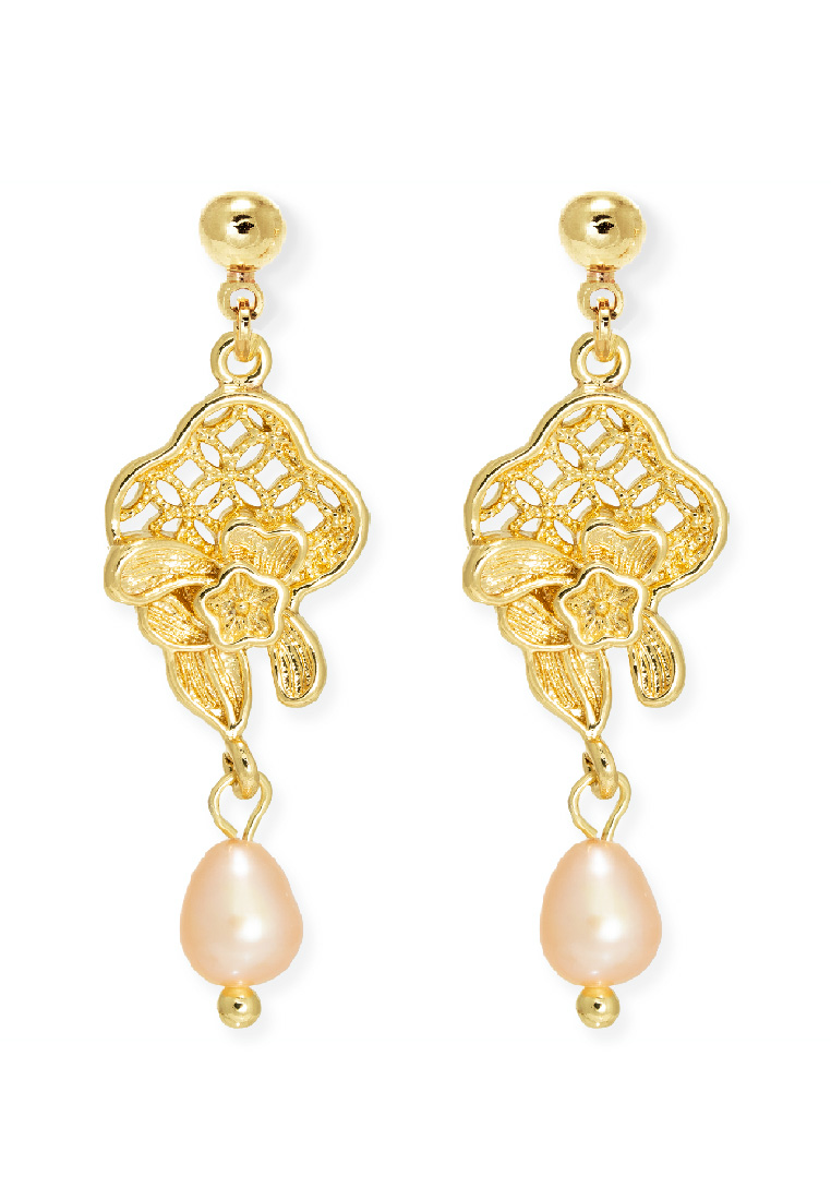 The Antecedent Store Oriental Motif Studs Earrings With Freshwater Pearl - 14K Real Gold Plated Jewelry