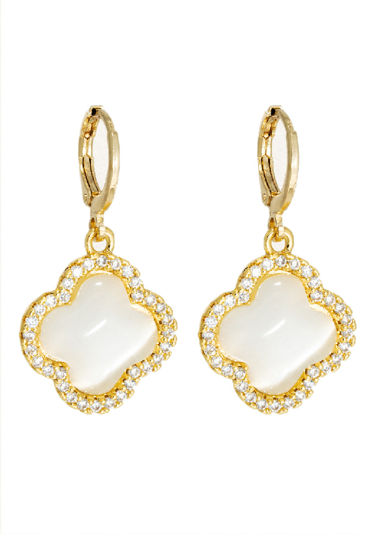 The Antecedent Store White Cat Eye Stone With Cubic Zirconia Crystals Earrings - 14K Real Gold Plated Jewellery