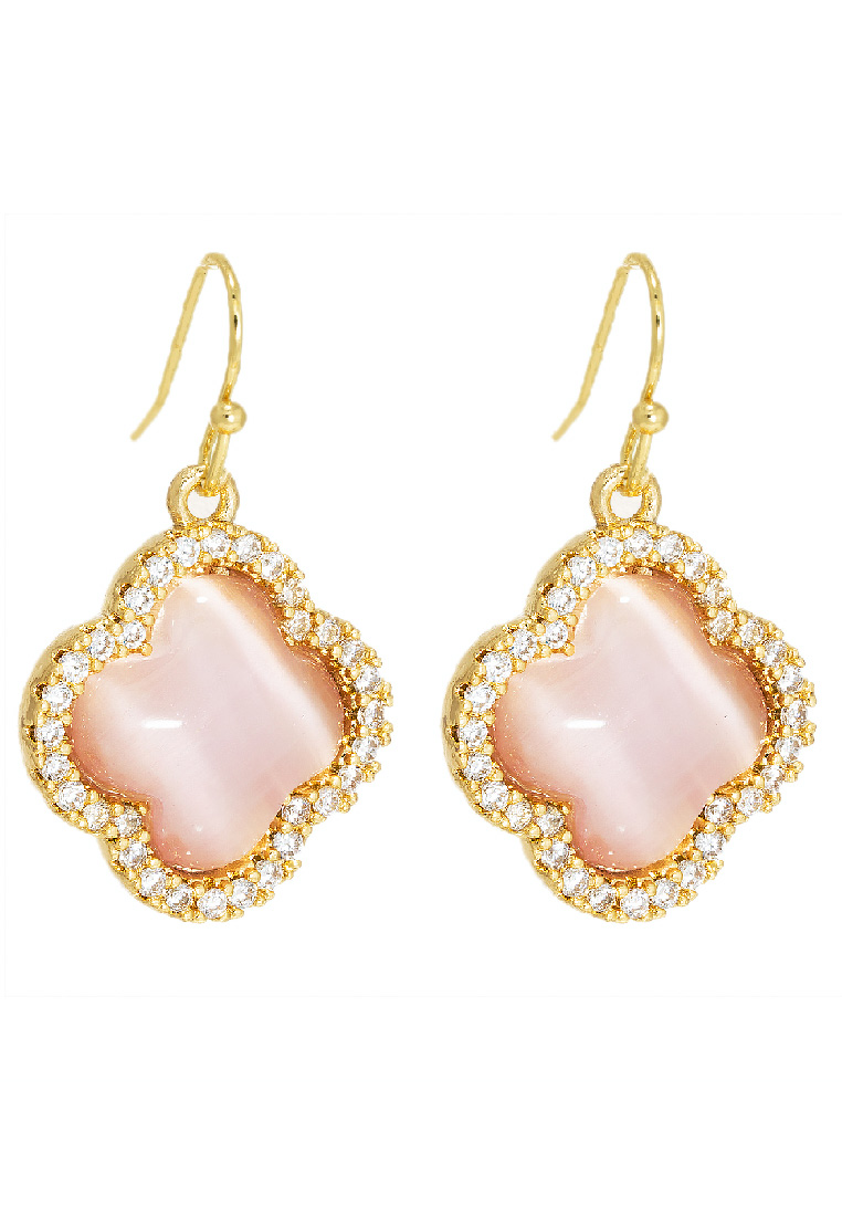 The Antecedent Store Pink Cat Eye Stone With Cubic Zirconia Crystals Earrings - 14K Real Gold Plated Jewellery