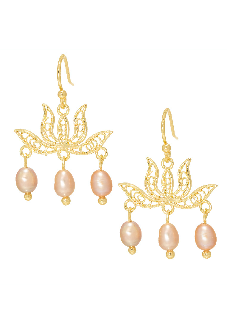 The Antecedent Store【 蓮花 】Lotus Flower With Freshwater Pearl Earrings - 14K Real Gold Plated Jewelry