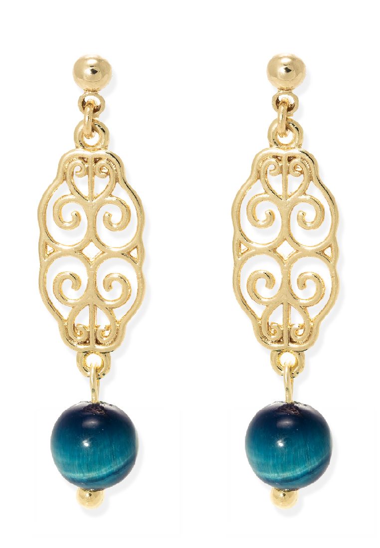 The Antecedent Store Oriental Motif Earrings with Blue Tiger Eye Crystal - 14K Real Gold Plated Jewelry