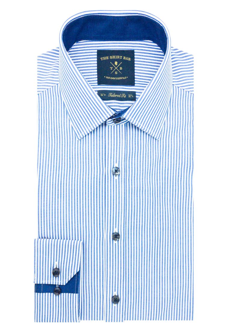 The Shirt Bar White and Blue Stripes Spill Resist Slim / Tailored Long Sleeve Shirt - TF2F5.16