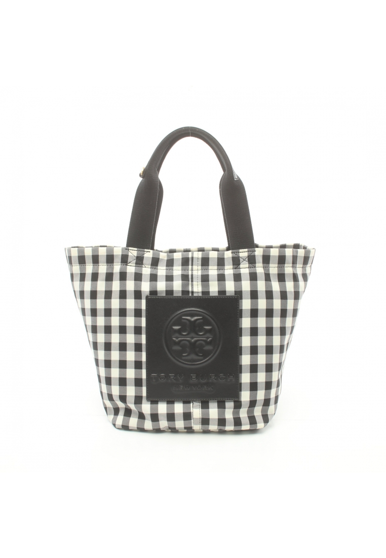二奢 Pre-loved TORY BURCH Handbag tote bag Gingham check nylon canvas leather black white