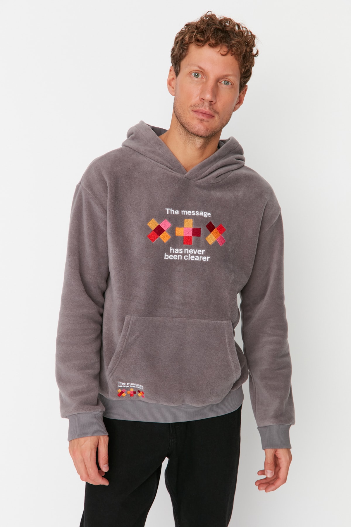 Trendyol Anthracite Men's Relaxed Fit Hooded Embroidery Kangaroo Sweatshirt with Pocket. Warm Thick Fleece/Plush.