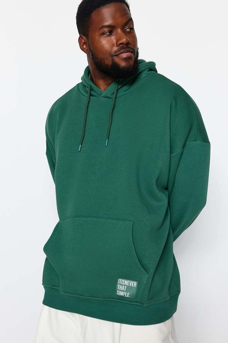Trendyol Green Men's Plus Size Oversize/Wide-Cut Comfortable Hoodie with Labels, Fleece Inner Sweatshirt.