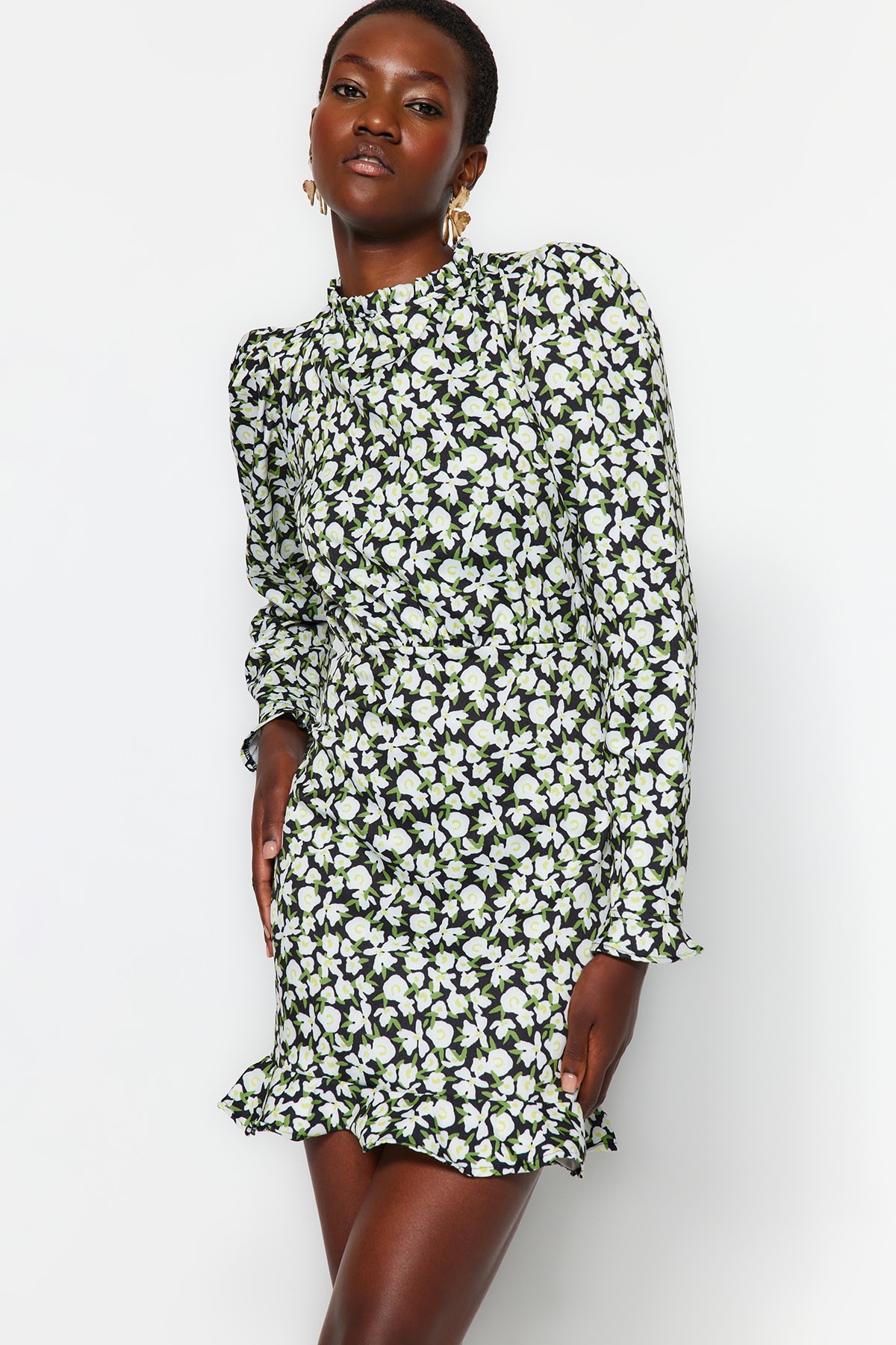 Trendyol Patterned Stand-Up Collar Dress