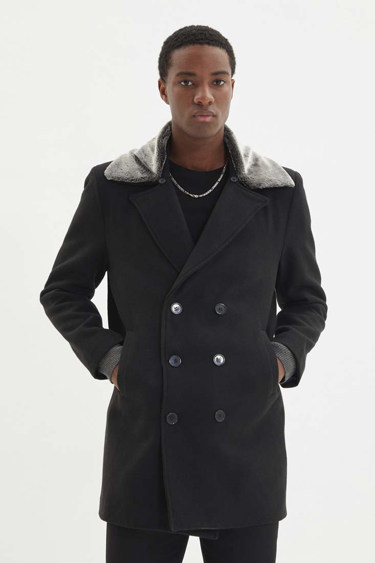 Trendyol Black Men's Regular Fit Fur Collar Coat