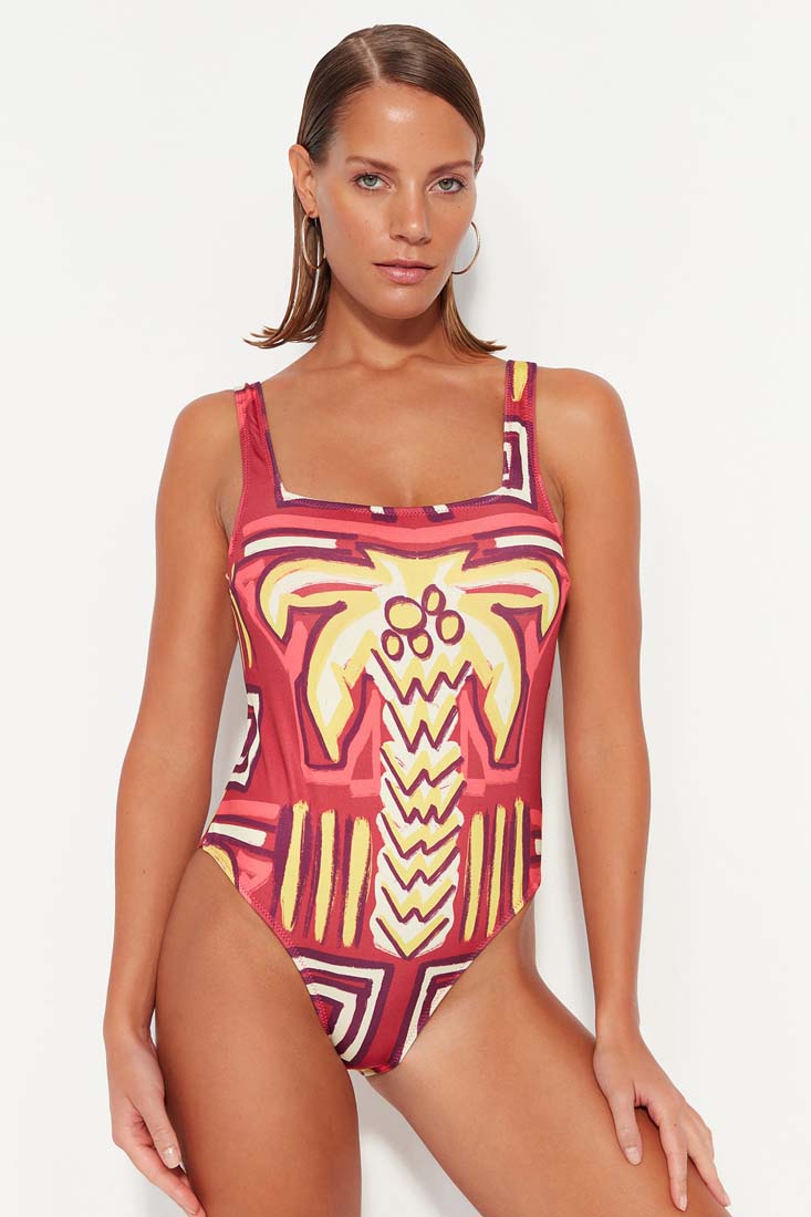 Trendyol Patterned Square Neck Swimsuit