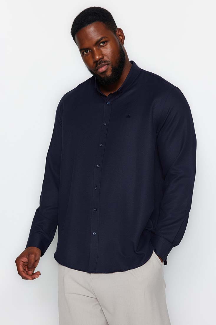 Trendyol Navy Blue Men's Regular Fit Oxford Plus Size Shirt with Embroidery Detail.