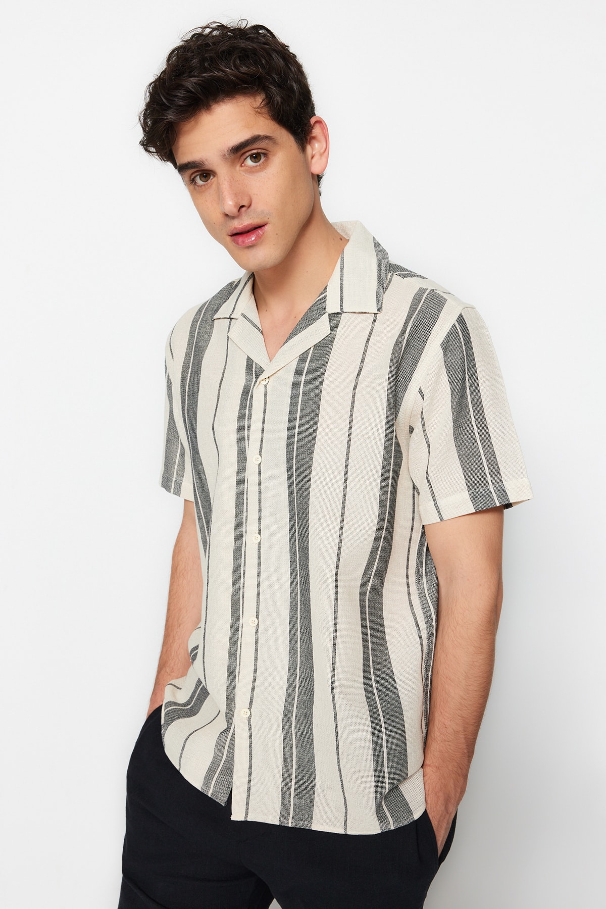 Trendyol Limited Edition Black Men's Regular Fit Striped Textured Summer Shirt