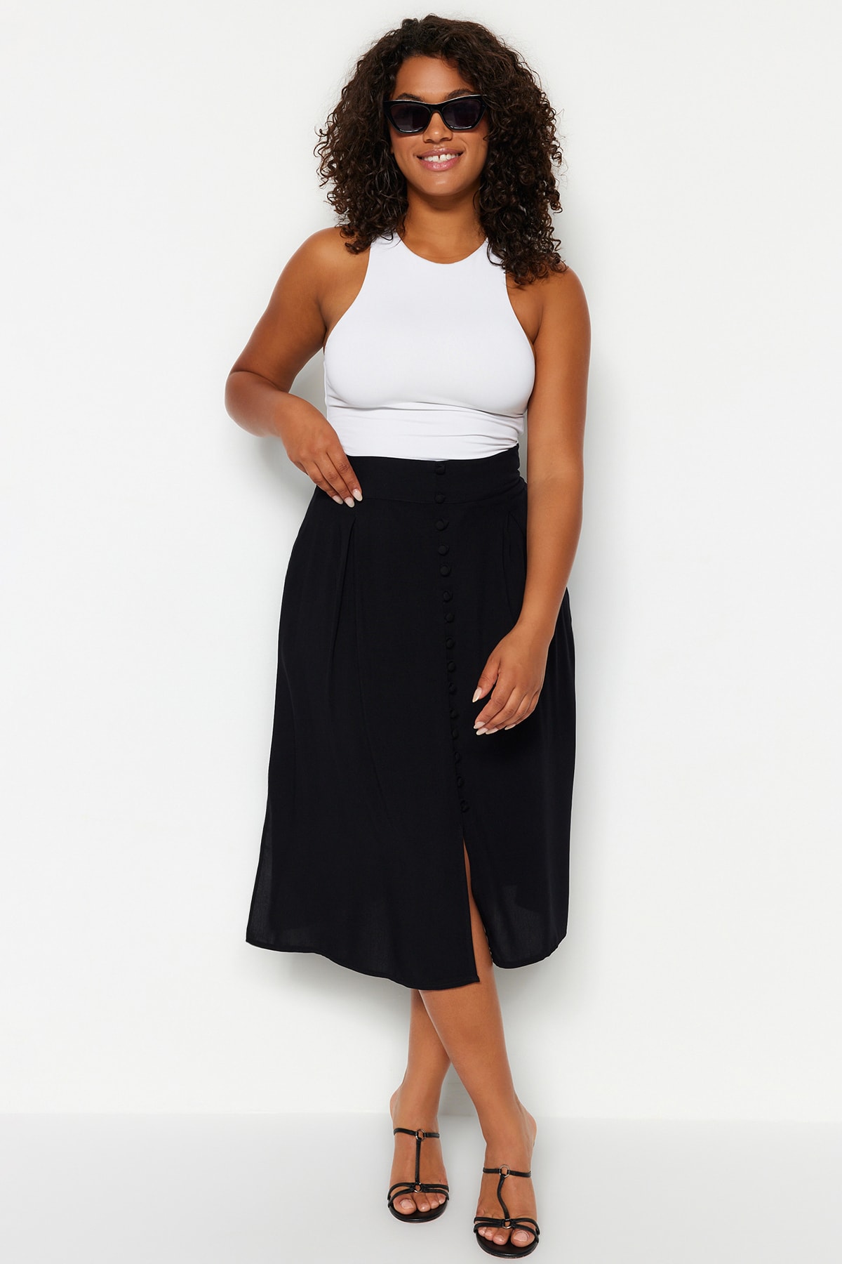 Trendyol Plus Size Black Viscose Woven Skirt with Slit Detail.