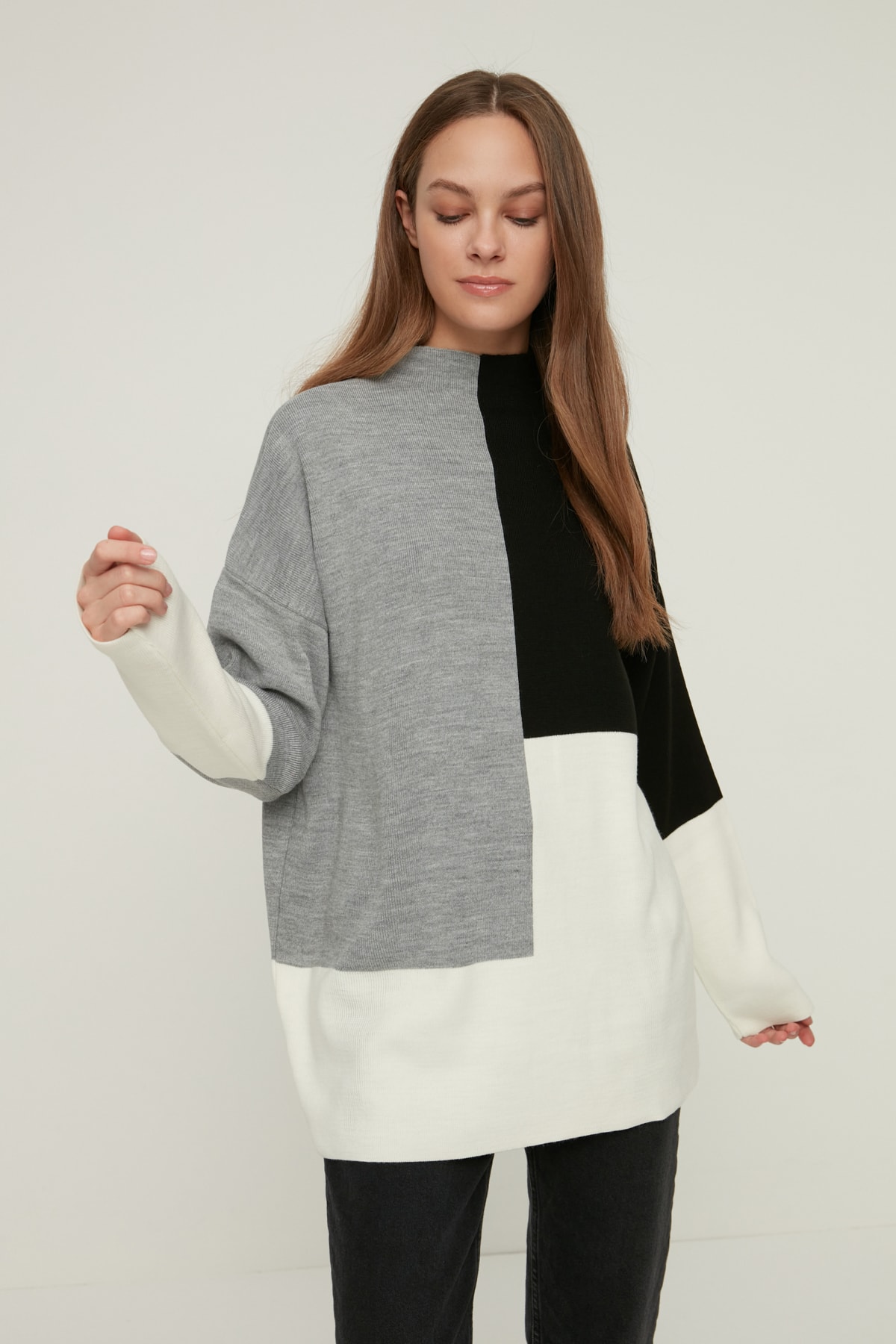 Trendyol Black Color Block Stand Up Knitwear Sweater