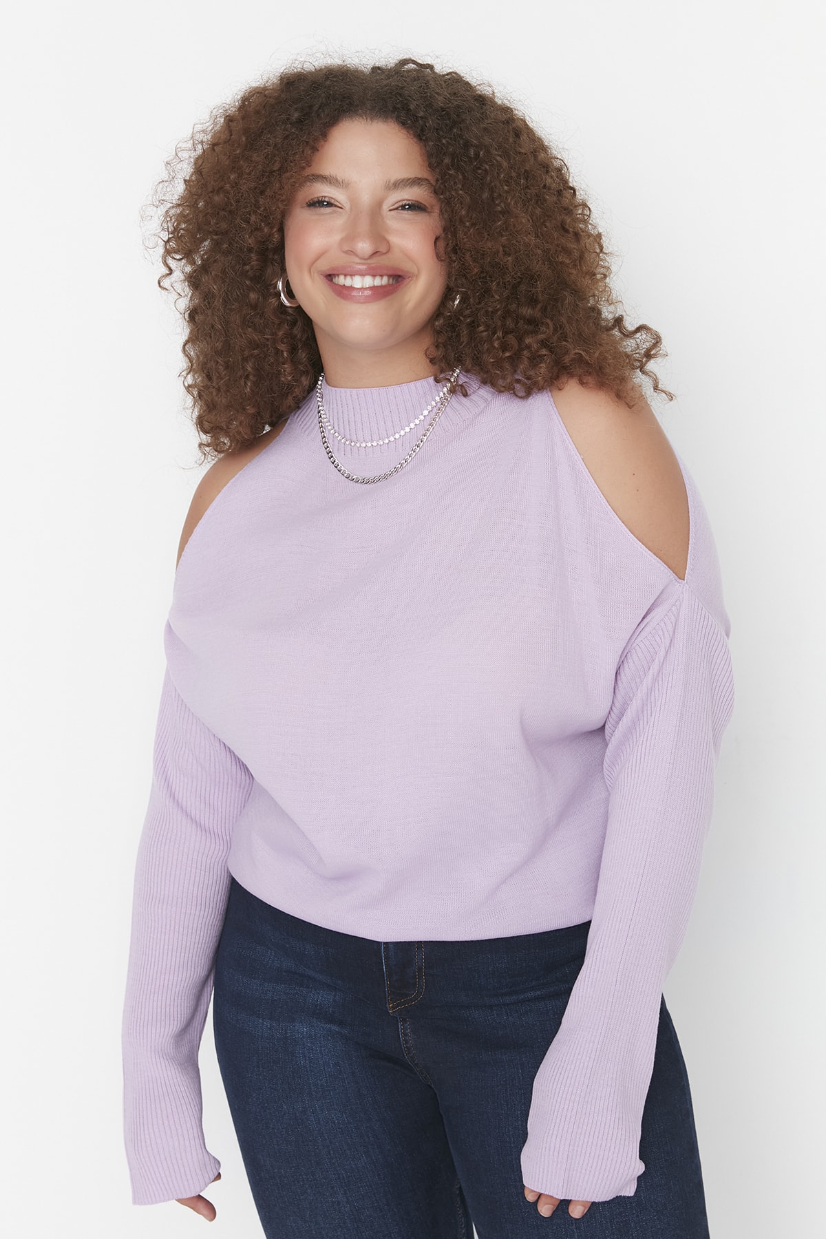 Trendyol Plus Size Lilac Cut Out Detailed Knitwear Sweater
