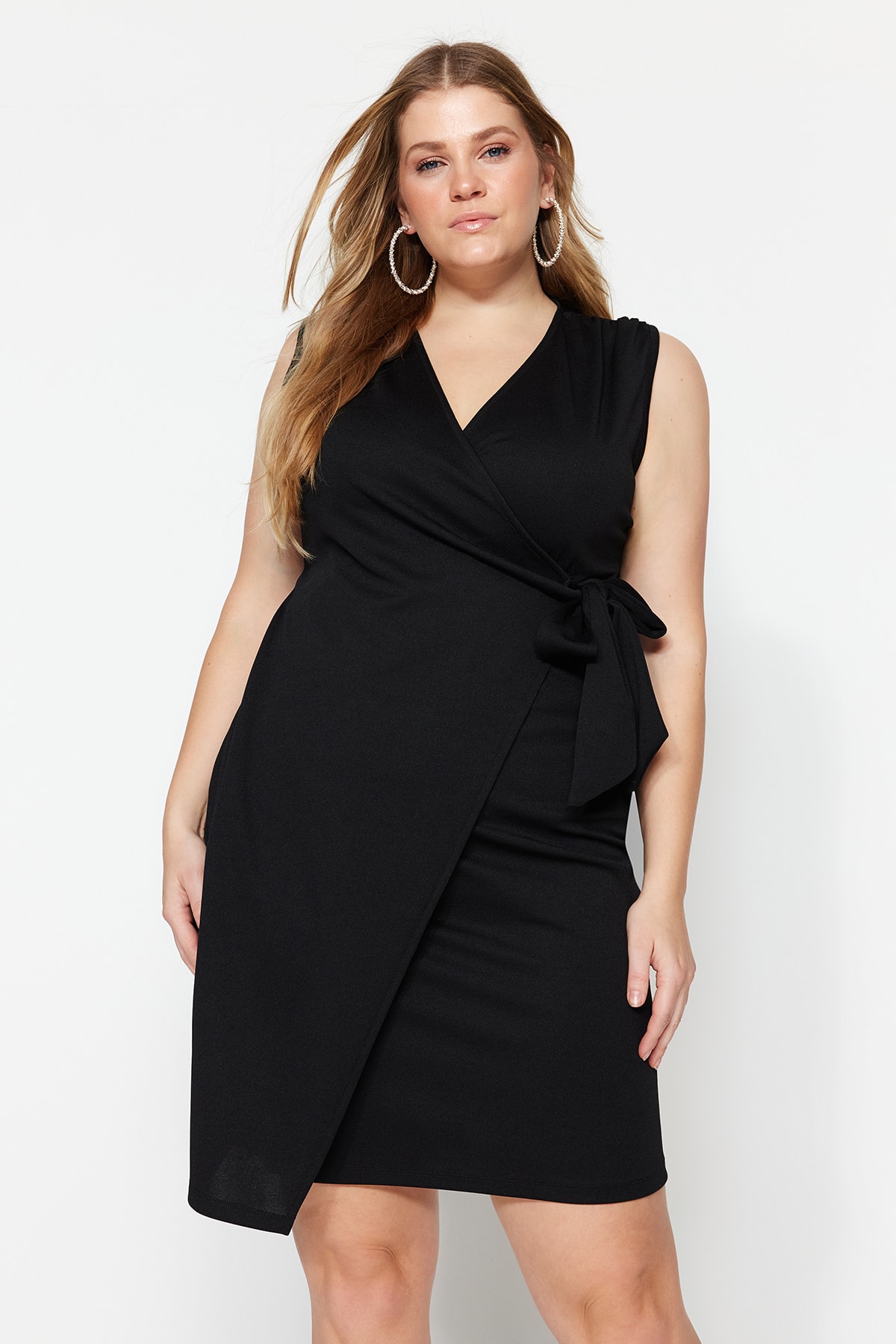 Trendyol Plus Size Black Double Breasted Tie Knitted Dress